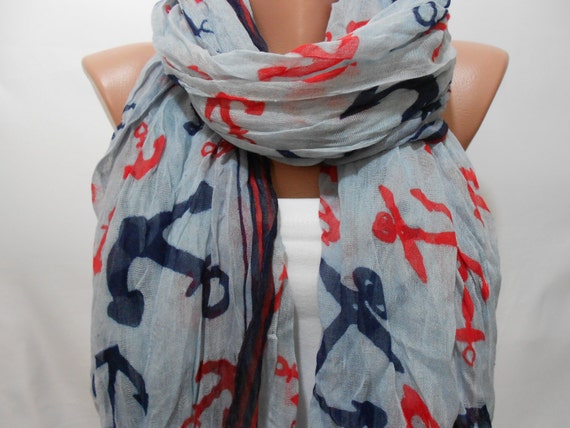 Anchor Pattern Scarf Shawl, Nautical Gray Scarf, Sailor Scarf, Scarf Club