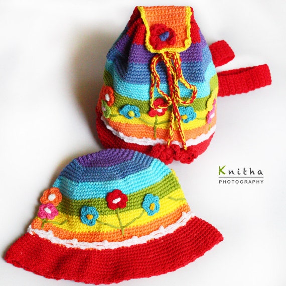 Crochet Flower Backpack & Hat  for Girl / Light Blue / Set of 2