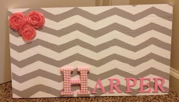 Grey & White Chevron With Pink Baby Name sign 