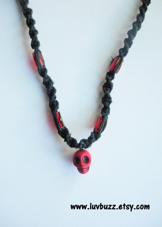 Black Hemp Necklace with Red Skull Charm Pendant ready by luvbuzz
