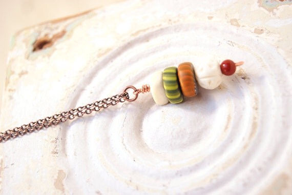 Earthy Modern Art Jewelry Necklace -Safari- Bone, Olive and  Tangerine Polymer Clay Gypsy Trade Beads Pendant on Copper Chain