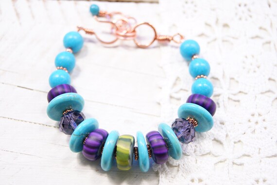 Turquoise Statement Modern Art Jewelry Bracelet-Sparkling Purple Crystal Olive and Purple Polymer Clay Gypsy Trade Beads