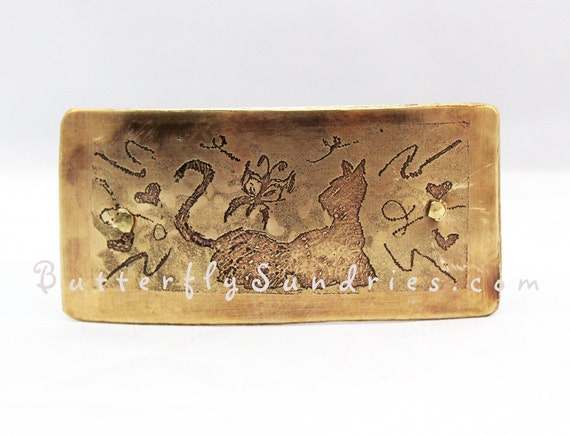 OOAK Etched Cat with Butterfly French Hair Clip - Supports Spokane Humane Society