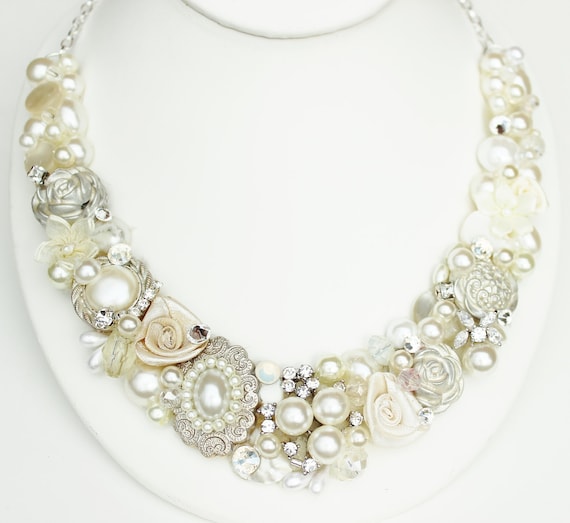 Bridal Statement Necklace- Rhinestones & Pearl Bib- Vintage Inspired Bib Necklace- Wedding Accessories- Floral necklace