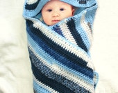 Crocheted hooded striped blue baby blanket