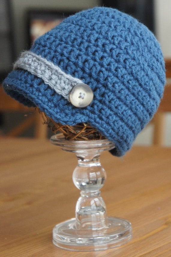 Blue and Gray Crochet Newsboy Hat