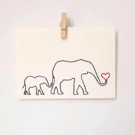 Mother's Day card, embroidered elephant mom and baby, mom's birthday