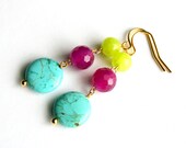 Howlite Turquoise Earrings, Colorful Jade Earrings, Gold Vermeil Jewelry, Lime, Purple, Blue