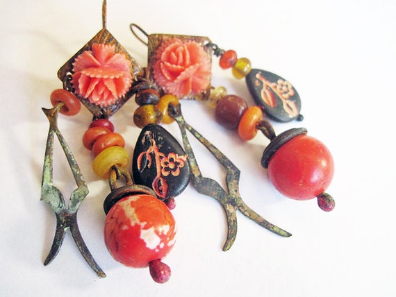 Intimate. Rustic Gypsy vintage, victorian tribal orange coral assemblage earrings