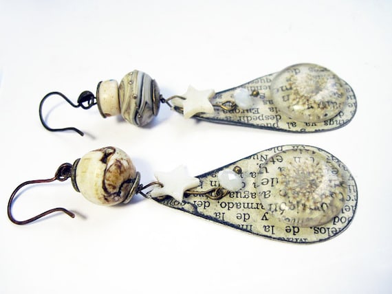 Nothing contains me. Rustic Gypsy beachy, victorian tribal ivory white button shell ceramic earrings