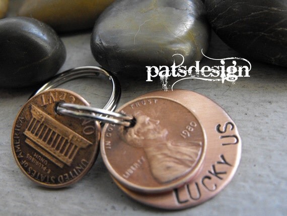 Lucky Us Copper Keychain with two lucky pennies