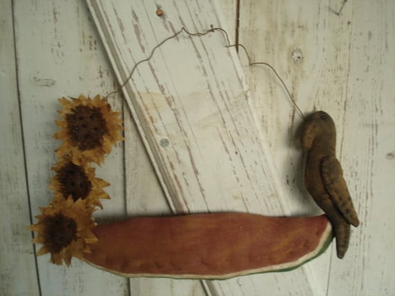 Watermelon, Crow and Sunflower Door Hanger, Primitive, Rustic