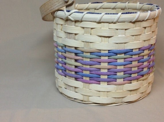 Hand Woven Round Easter Basket with Colorful Accent Weaving and a Wood Swing Handle