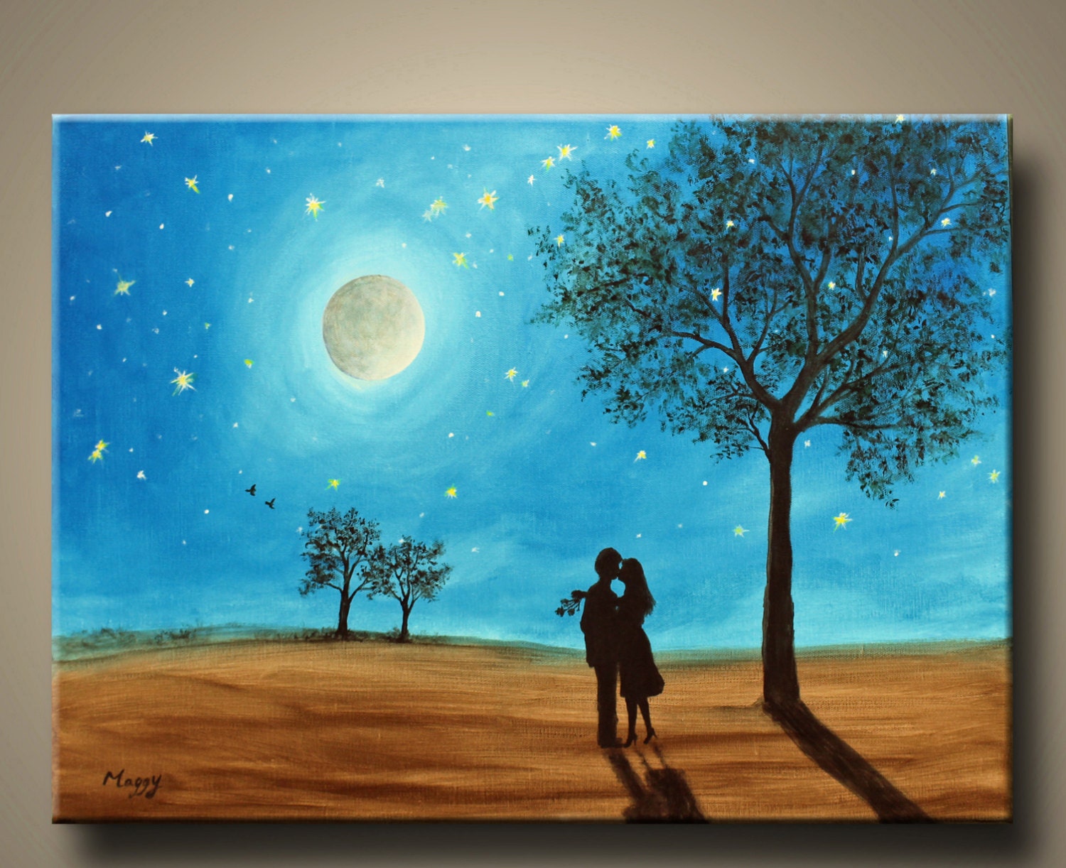 kissing in moon nightstarslove couple original modern by maggyart