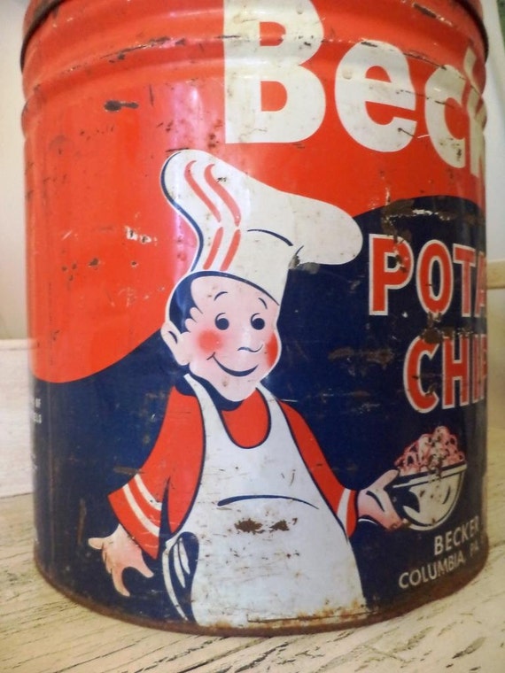 Large Vintage Potato Chip Tin - Becker Potato Chips - Vintage Advertising Tin
