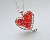 Red, Orange  Amberina Genuine Sea Glass Hand Knitted Fine Silver Wire  Heart Pendant with 18 inch box chain Necklace
