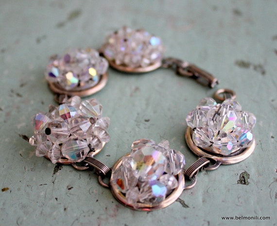 Vintage Crystal Cluster Bracelet Upcycled Bride, Bridesmaid, Wedding Jewelry