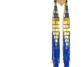 SALE free shipping, Handmade Blue and Gold Peyote Earring Jewelry, Dangles, Shoulder Dusters, Gift