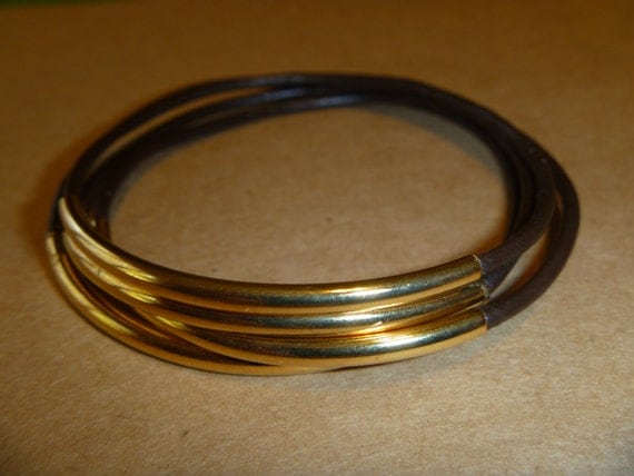 Dark Brown Leather Gold Tube Bangle Bracelet Set of 4