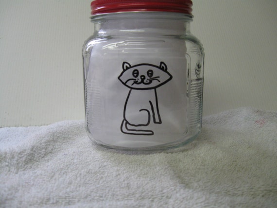 Cat Treats Jar Canister Hand Written Clear 32 ounce Canister with Red Metal Top Special Message I Love Cats