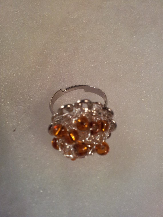 Beautiful Vintage Ooak Shabby Chic Beaded Amber and Wire Nest Ring - Adjustable Ring