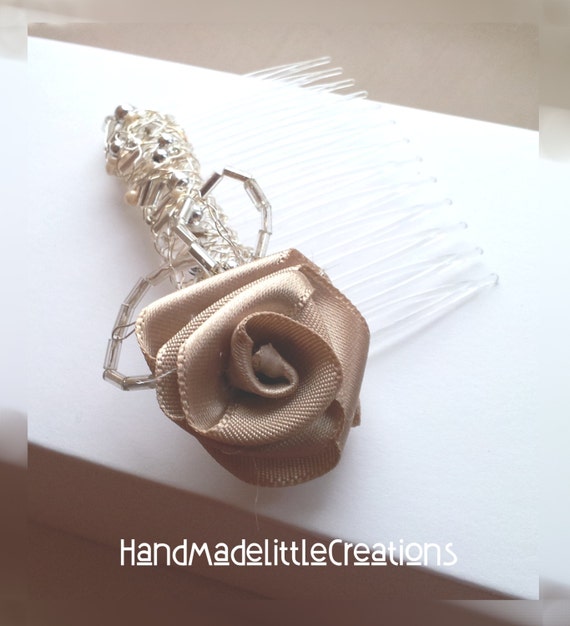 Ooak Perfect Wedding Or Party Hair Comb All Hand Beaded With Fabric Handmade Rose