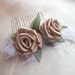 Vintage Style Champagne Roses and Feathers Hair Comb With Green Burlap Fabric Leaves