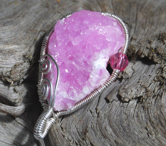 Pink Druzy Pendant Recycled Sterling Silver Wire Wrapped Unusual Freeform Cobation Calcite