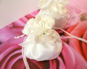 Bridal White Satin Drawstring Round Bottom Wedding Favor Bag w/ Rhinestone Ribbon Rose Pearls. Set of 10 Wedding Favor Bags. Ready to Ship