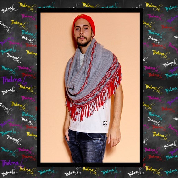 Hipster Red & Gray one of a kind UNISEX Upcycled fringed Infinity Scarf