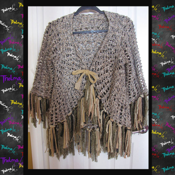 Unique one of a kind UNISEX fringed crocheted sweater jacket wrap