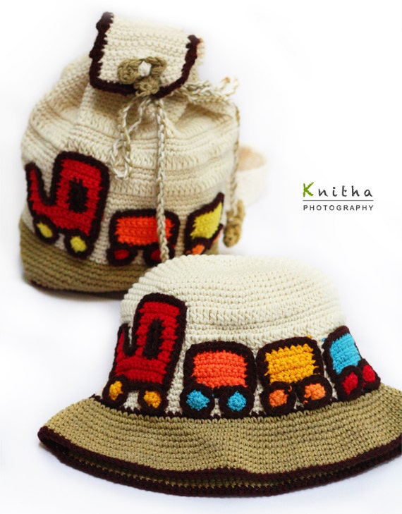 Crochet Train Backpack & Hat  for Girl / Cream / Set of 2