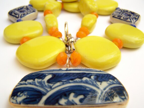 Yellow Statement Necklace with Pottery Shard Pendant, Blue Pattern China Shard, Yellow Ceramic Beads with Blue & White Porcelain - Talavera