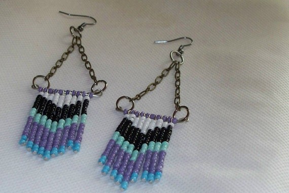 Chevron Pattern Beaded Purple Turquoise Black White Dangle Earrings