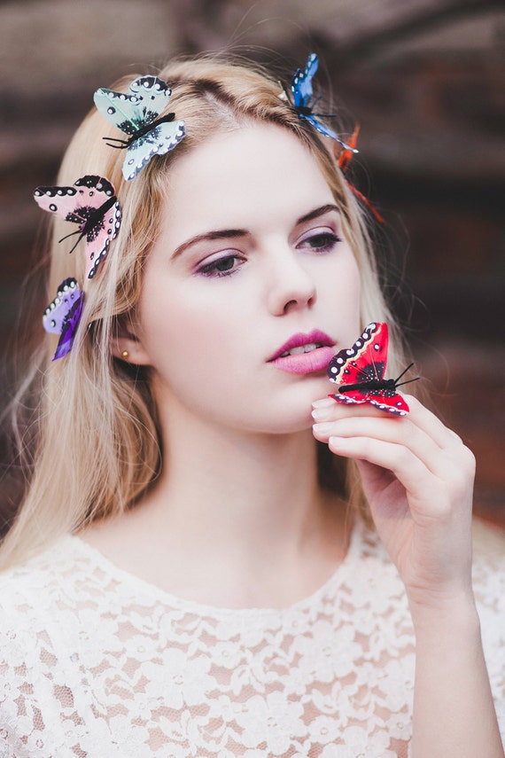 Tropical Butterfly Feather Hair Clip-In seks farger