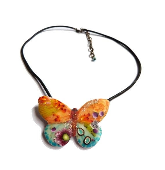 Butterfly necklace - multicolored polymer clay pendant - Turquoise blue orange yellow purple green BUTTERFLY pendant, with flowers