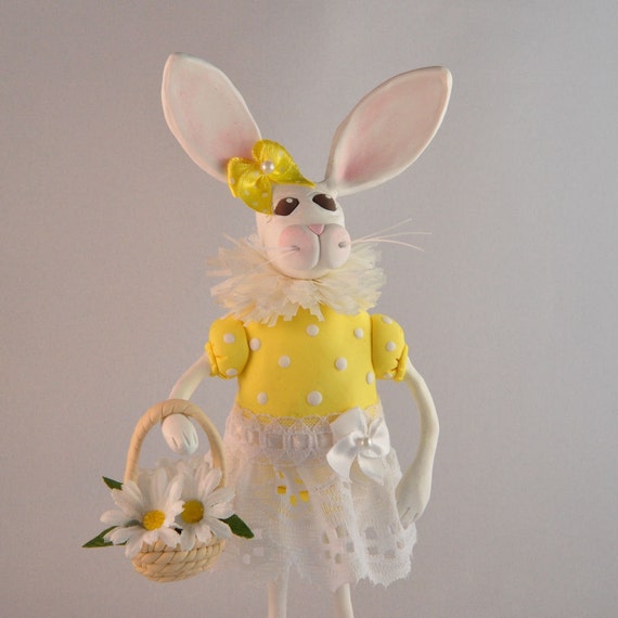 Polymer Clay White Bunny with Spring Daisy Basket