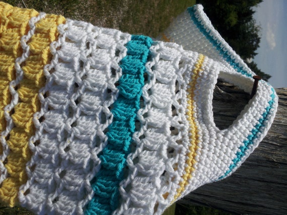 READY NOW-Crochet Beach Bag-Yellow, Turquoise and White Color Combination-14-1/2 x 16-inches