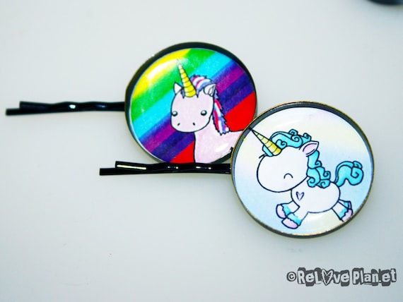 2 Cute UNICORN Hair Pins - kawaii animal hair clip set happy rainbow - ReLove Plan.et