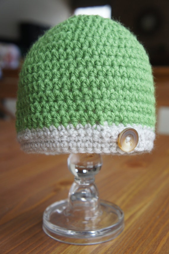 Green and Natural Button Tab Baby Hat