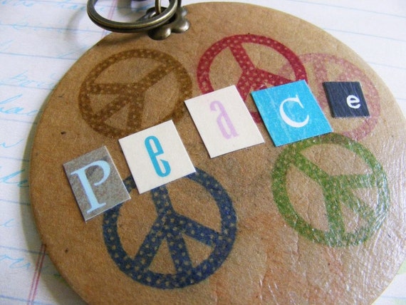 Peace and Love Keychain Collage Decoupage Retro by meiguidesigns