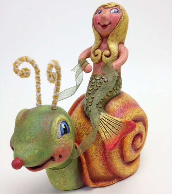 Maiya Mermaid & Shelly Snail, original papier mâché art work OOAK by artist Alycia Matthews