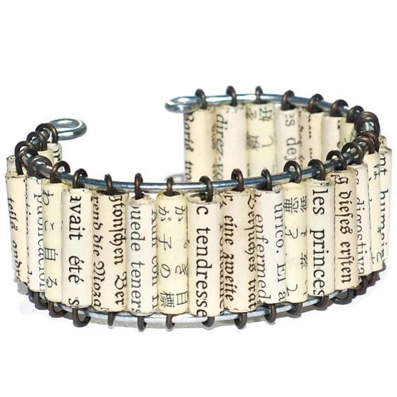 Paper Bead Jewelry- Foreign Language Paper Bead Cuff Bracelet French, German, Japanese, Spanish