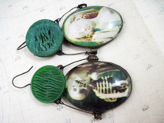 Free Shipping Sale. Ask All. Rustic Green Cabochon Earrings with vintage buttons.