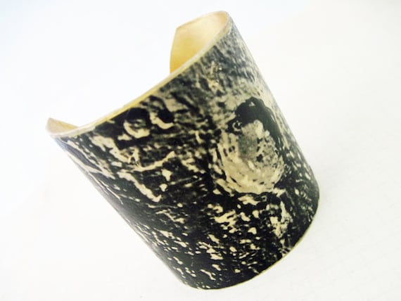 Take Pity. Thick brass cuff with resined antique book plate.