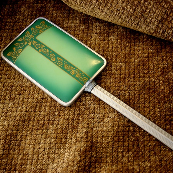 Antique Vintage Art Deco Green and Gold Celluloid Hand Mirror Beveled Mirror