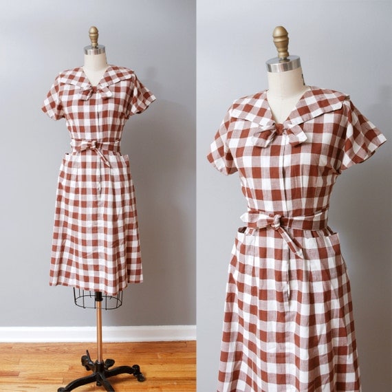 1940s Dress - Maroon Plaid 40s Day Dress with Ascot Bow