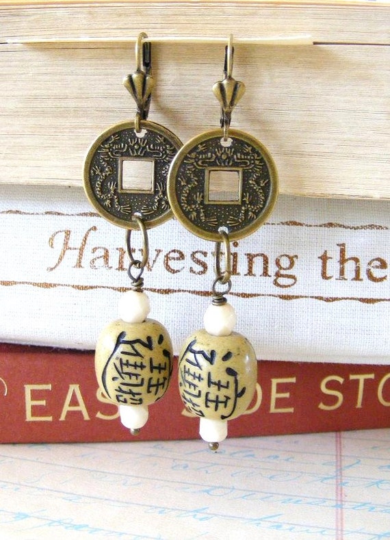 Asian Chinese Lucky Coin Dangle Earrings with by meiguidesigns