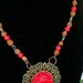 Red Rose Round Fancy Antique Bronze Filigree Chain Red Brown Bead Necklace