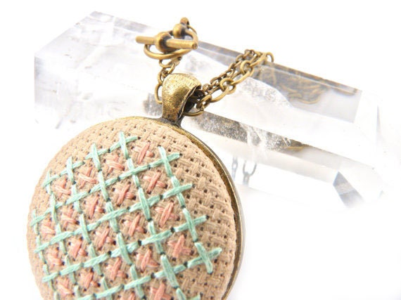 Cross Stitch Embroidery Necklace with Pastel Honeycomb Design Pendant in Mint and Peach on Antique Brass Double Chain